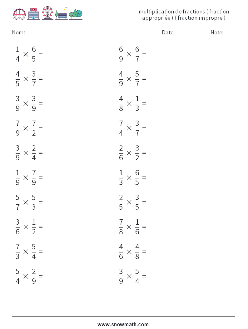 (20) multiplication de fractions ( fraction appropriée ) ( fraction impropre ) Fiches d'Exercices de Mathématiques 8