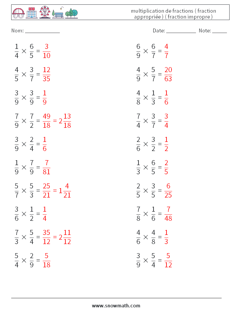 (20) multiplication de fractions ( fraction appropriée ) ( fraction impropre ) Fiches d'Exercices de Mathématiques 8 Question, Réponse