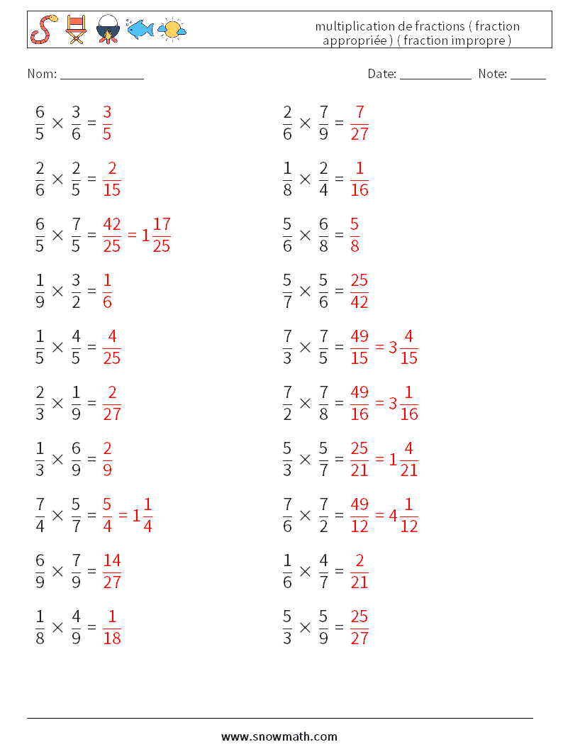 (20) multiplication de fractions ( fraction appropriée ) ( fraction impropre ) Fiches d'Exercices de Mathématiques 9 Question, Réponse