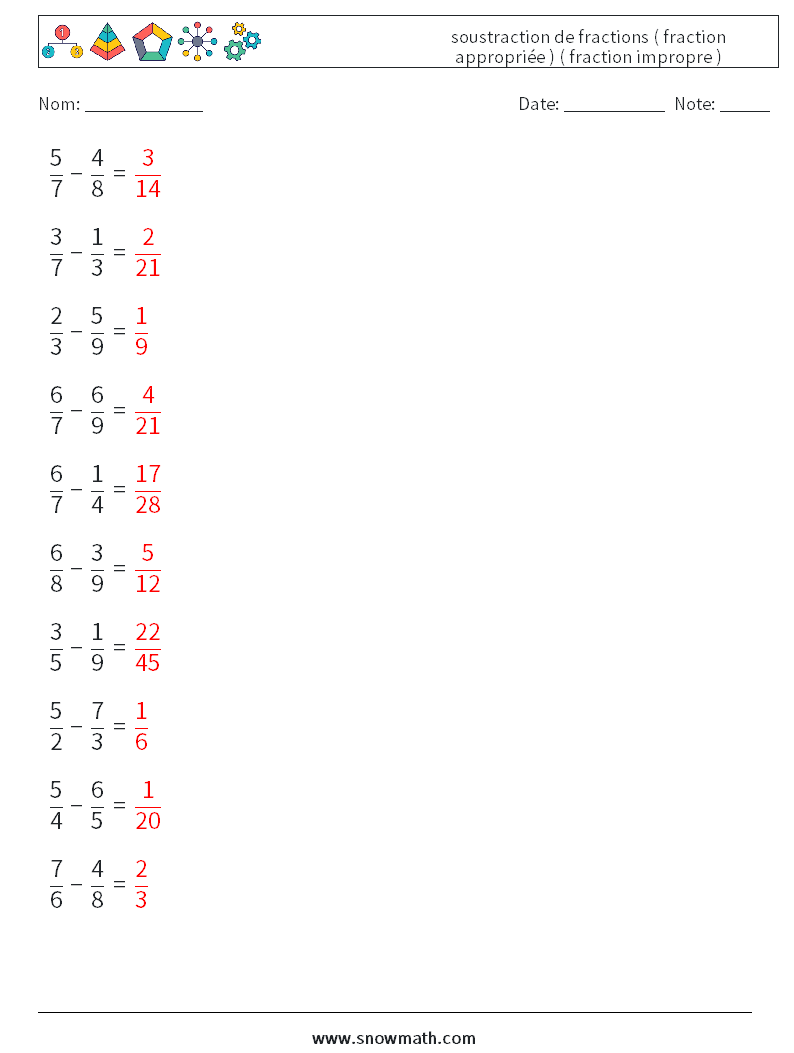 (10) soustraction de fractions ( fraction appropriée ) ( fraction impropre ) Fiches d'Exercices de Mathématiques 16 Question, Réponse