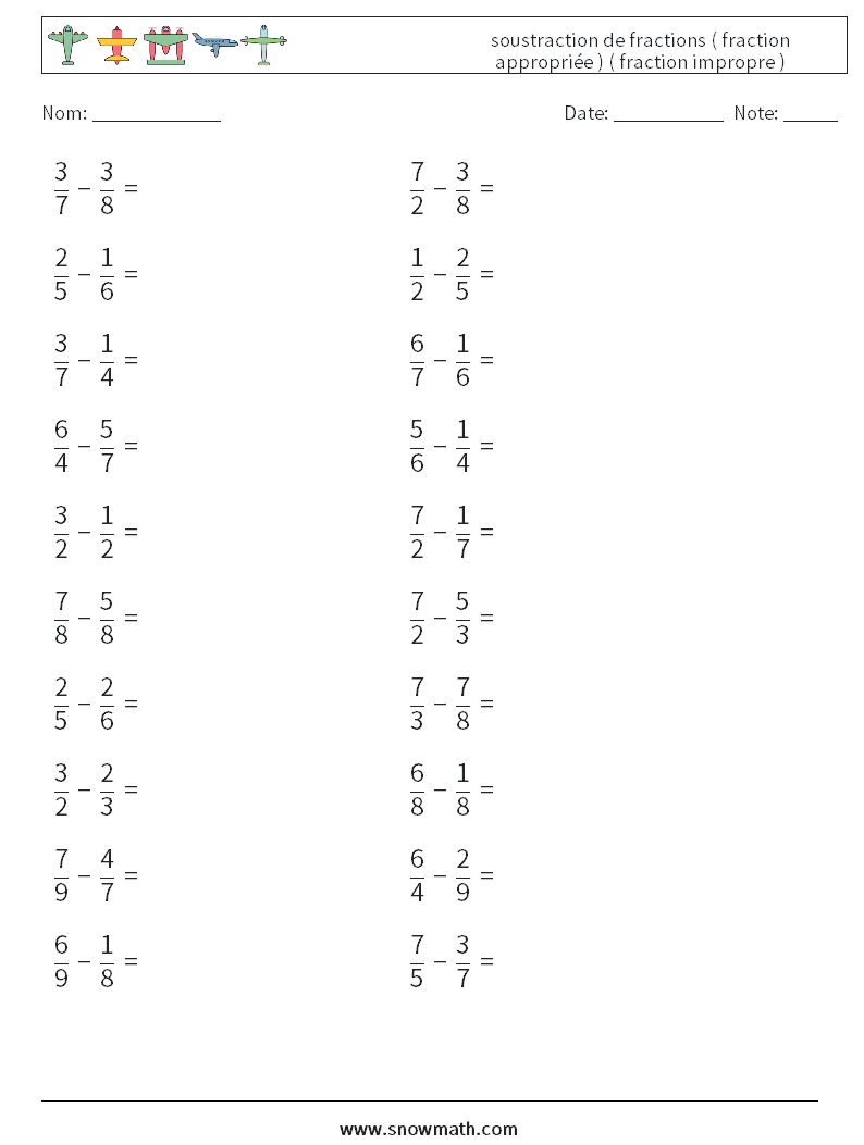 (20) soustraction de fractions ( fraction appropriée ) ( fraction impropre ) Fiches d'Exercices de Mathématiques 10