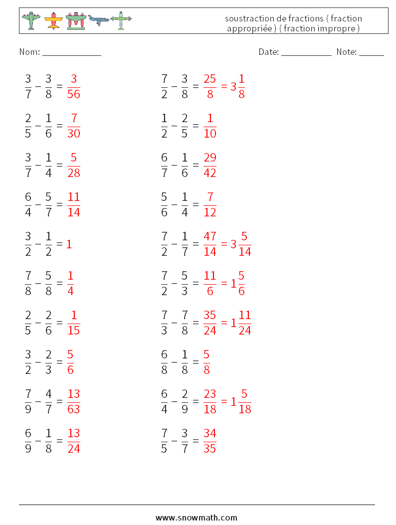 (20) soustraction de fractions ( fraction appropriée ) ( fraction impropre ) Fiches d'Exercices de Mathématiques 10 Question, Réponse