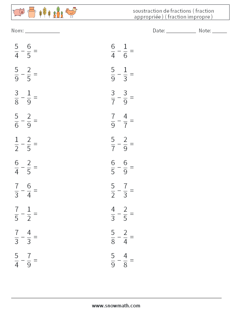 (20) soustraction de fractions ( fraction appropriée ) ( fraction impropre ) Fiches d'Exercices de Mathématiques 11