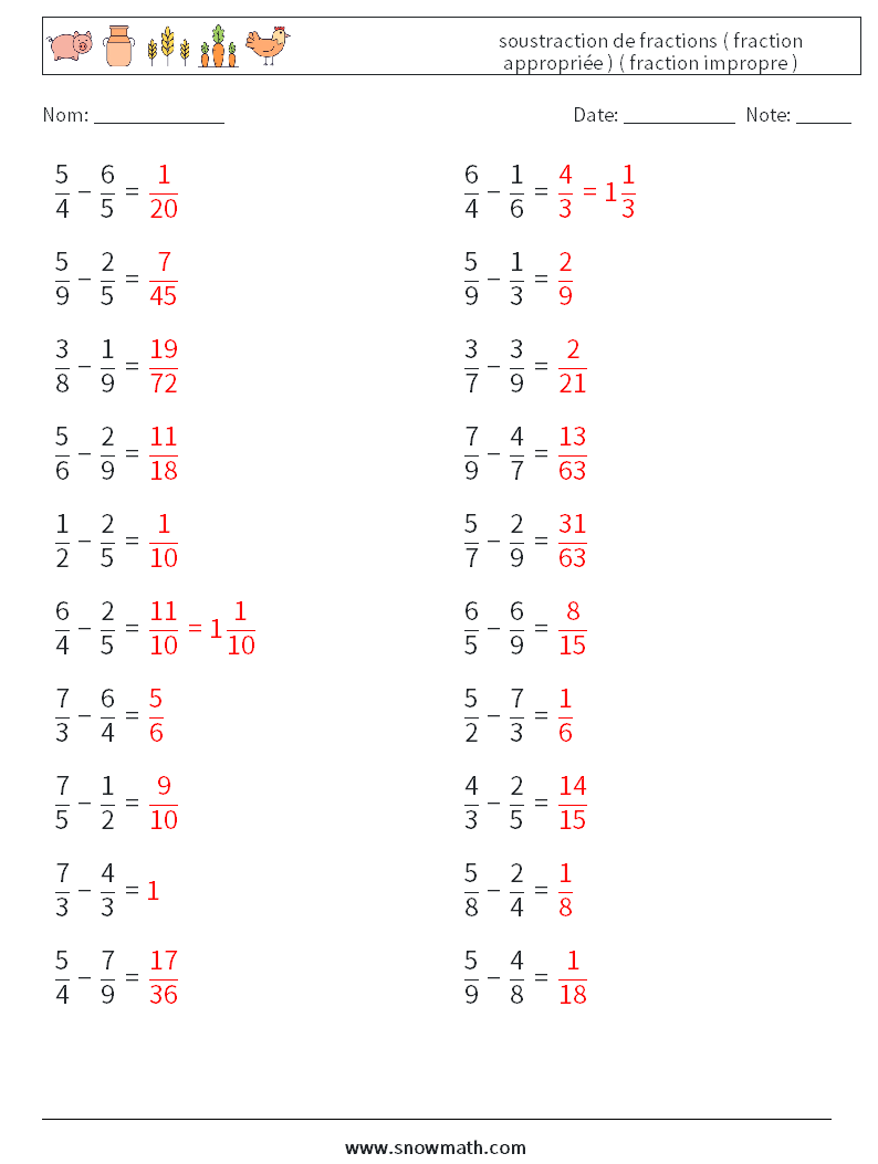 (20) soustraction de fractions ( fraction appropriée ) ( fraction impropre ) Fiches d'Exercices de Mathématiques 11 Question, Réponse
