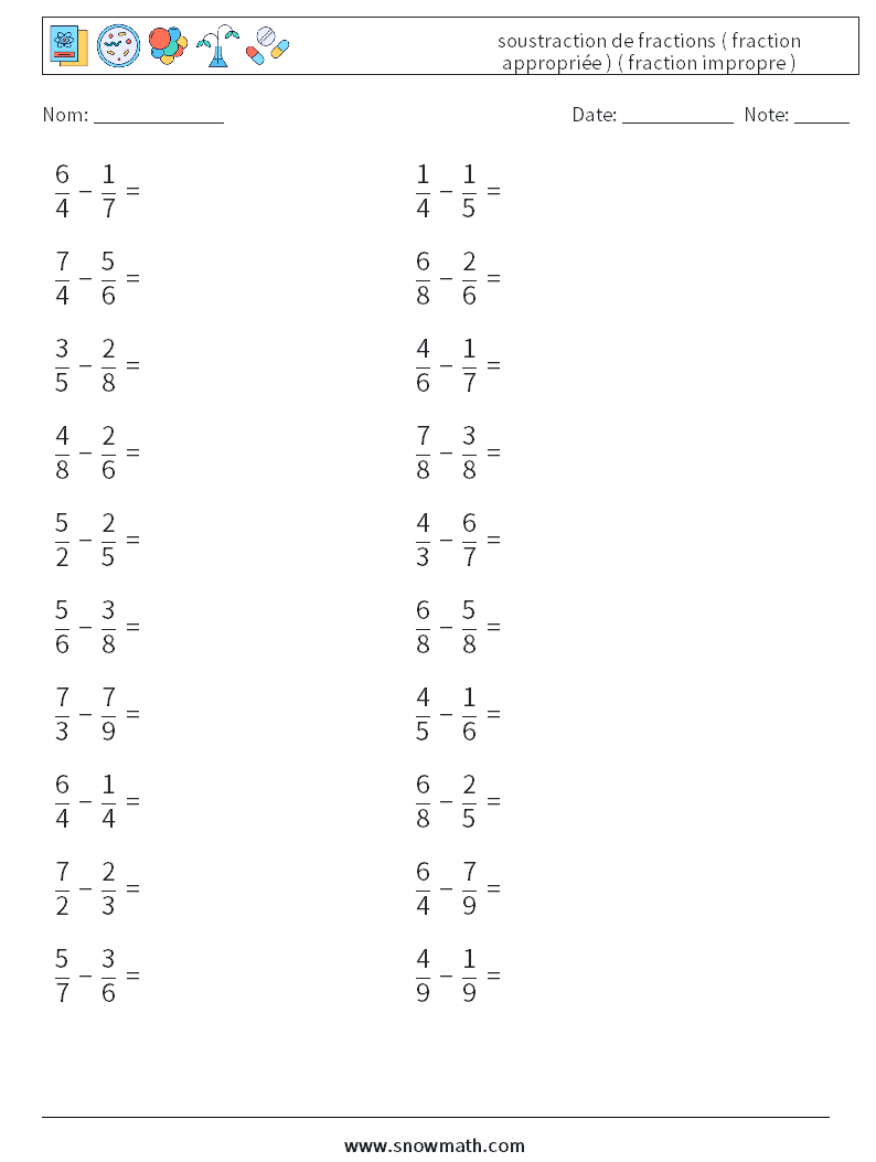 (20) soustraction de fractions ( fraction appropriée ) ( fraction impropre ) Fiches d'Exercices de Mathématiques 12