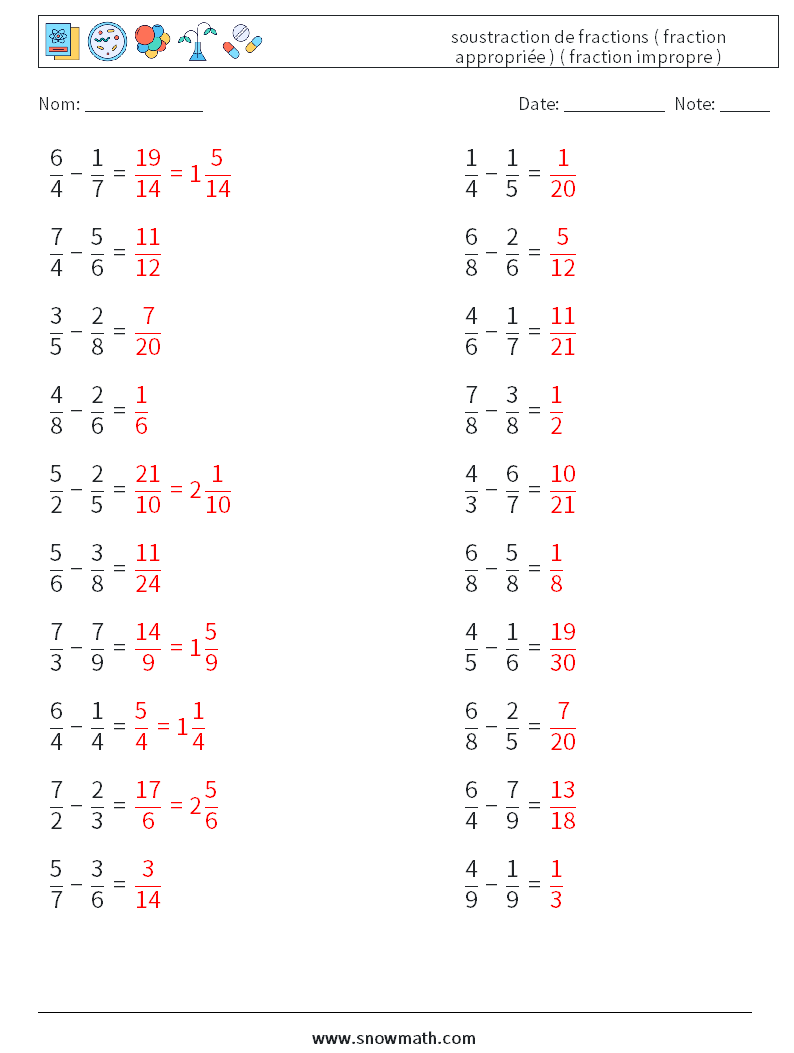 (20) soustraction de fractions ( fraction appropriée ) ( fraction impropre ) Fiches d'Exercices de Mathématiques 12 Question, Réponse