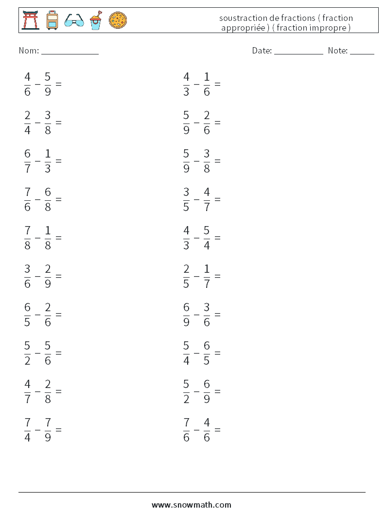 (20) soustraction de fractions ( fraction appropriée ) ( fraction impropre ) Fiches d'Exercices de Mathématiques 13