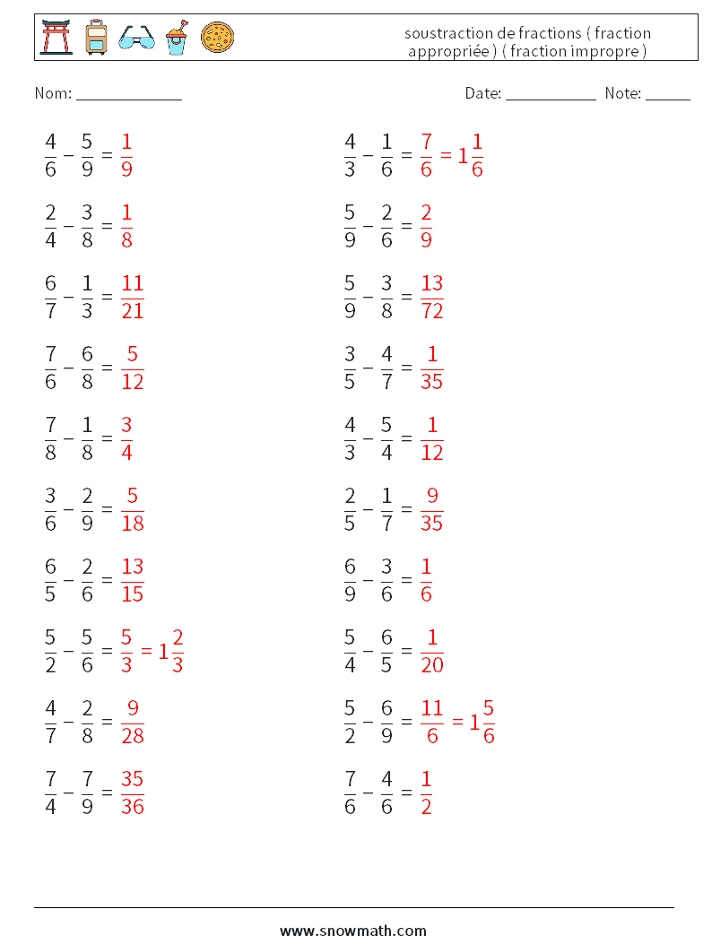 (20) soustraction de fractions ( fraction appropriée ) ( fraction impropre ) Fiches d'Exercices de Mathématiques 13 Question, Réponse