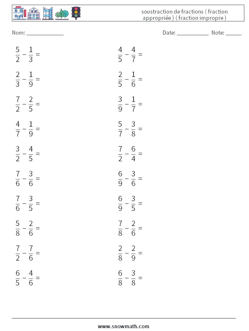 (20) soustraction de fractions ( fraction appropriée ) ( fraction impropre ) Fiches d'Exercices de Mathématiques 14