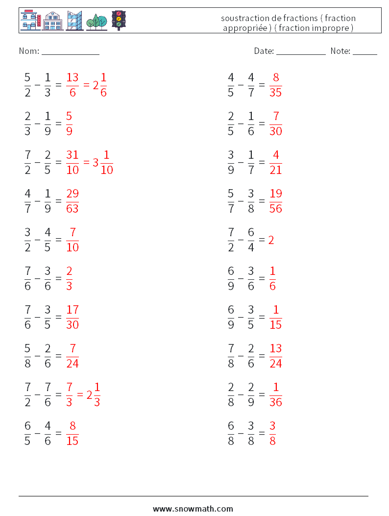 (20) soustraction de fractions ( fraction appropriée ) ( fraction impropre ) Fiches d'Exercices de Mathématiques 14 Question, Réponse