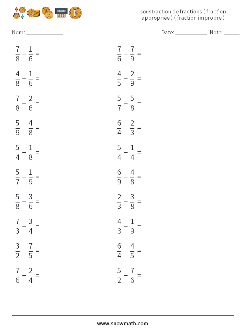 (20) soustraction de fractions ( fraction appropriée ) ( fraction impropre ) Fiches d'Exercices de Mathématiques 15