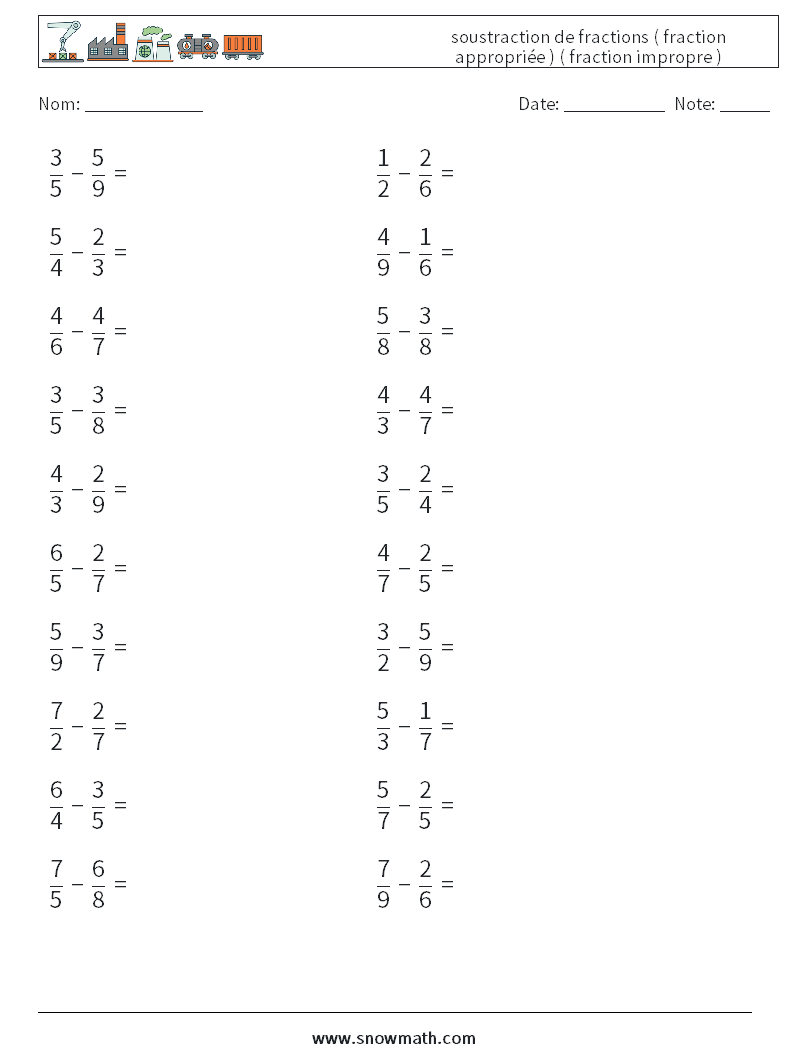 (20) soustraction de fractions ( fraction appropriée ) ( fraction impropre ) Fiches d'Exercices de Mathématiques 16