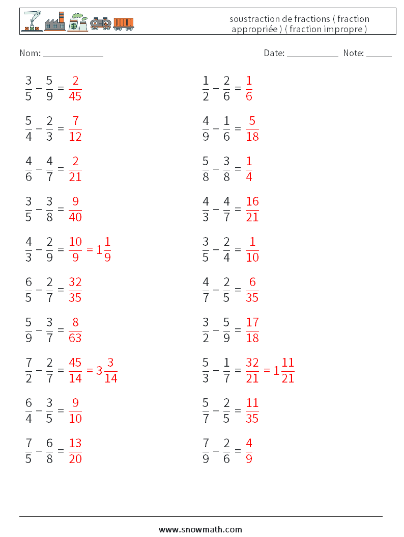 (20) soustraction de fractions ( fraction appropriée ) ( fraction impropre ) Fiches d'Exercices de Mathématiques 16 Question, Réponse