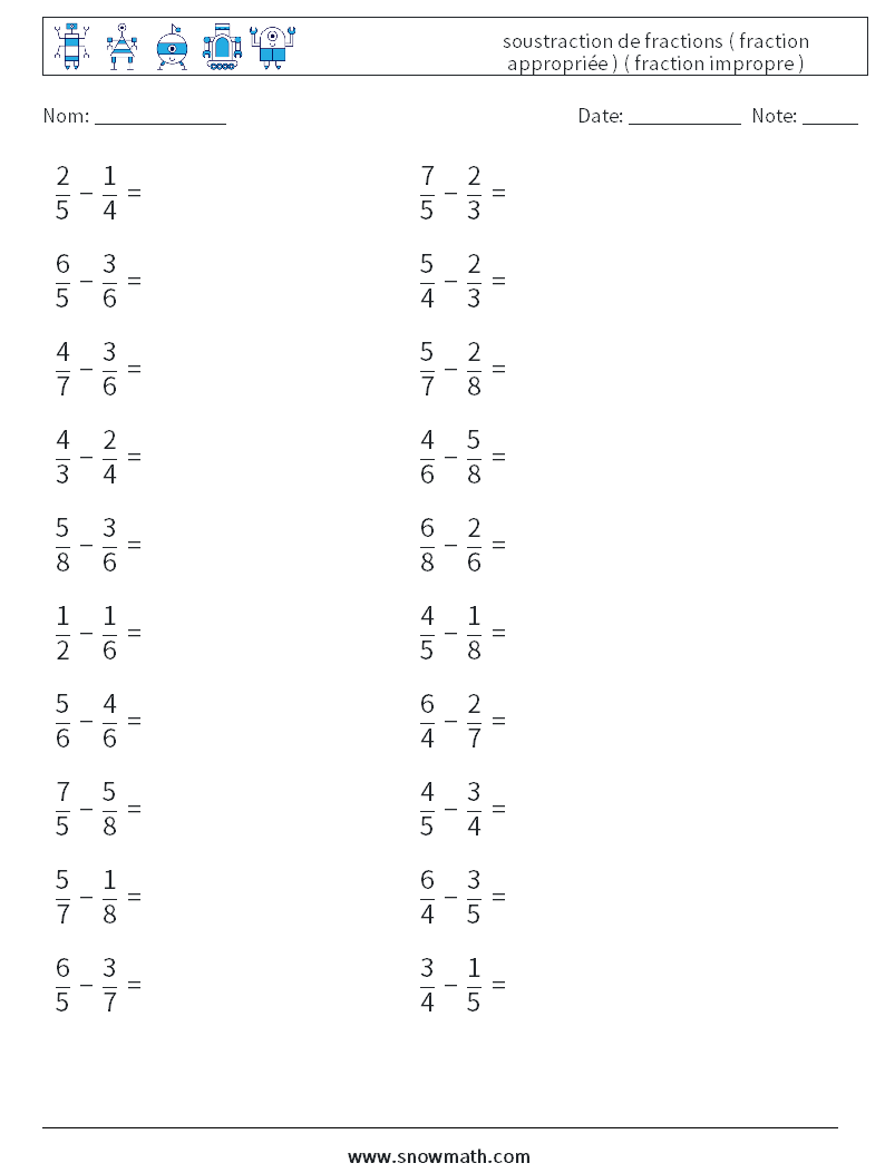 (20) soustraction de fractions ( fraction appropriée ) ( fraction impropre ) Fiches d'Exercices de Mathématiques 17