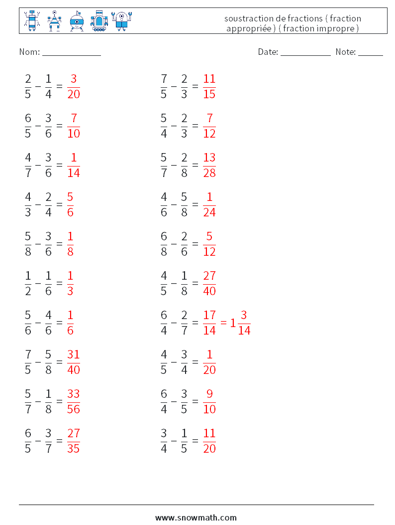 (20) soustraction de fractions ( fraction appropriée ) ( fraction impropre ) Fiches d'Exercices de Mathématiques 17 Question, Réponse