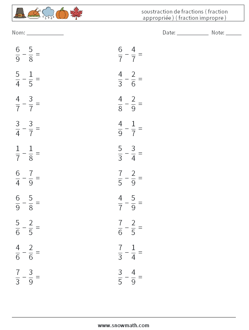 (20) soustraction de fractions ( fraction appropriée ) ( fraction impropre ) Fiches d'Exercices de Mathématiques 18