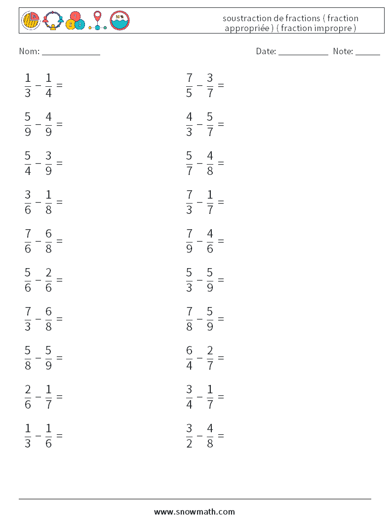(20) soustraction de fractions ( fraction appropriée ) ( fraction impropre ) Fiches d'Exercices de Mathématiques 2