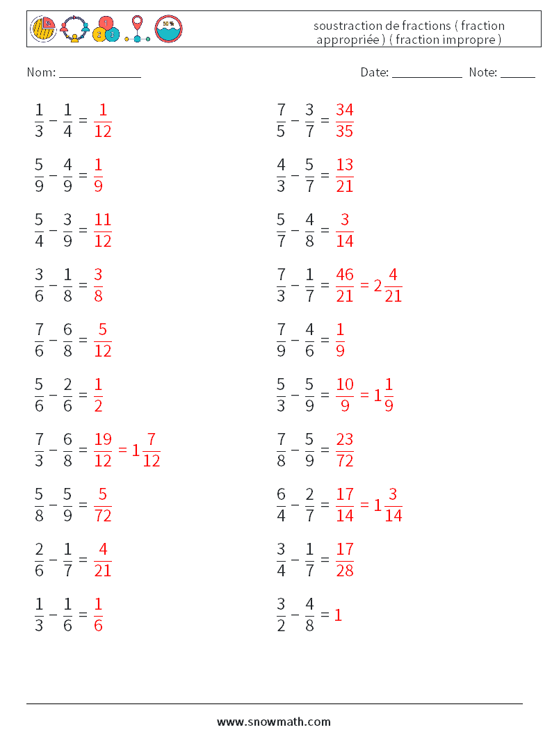 (20) soustraction de fractions ( fraction appropriée ) ( fraction impropre ) Fiches d'Exercices de Mathématiques 2 Question, Réponse