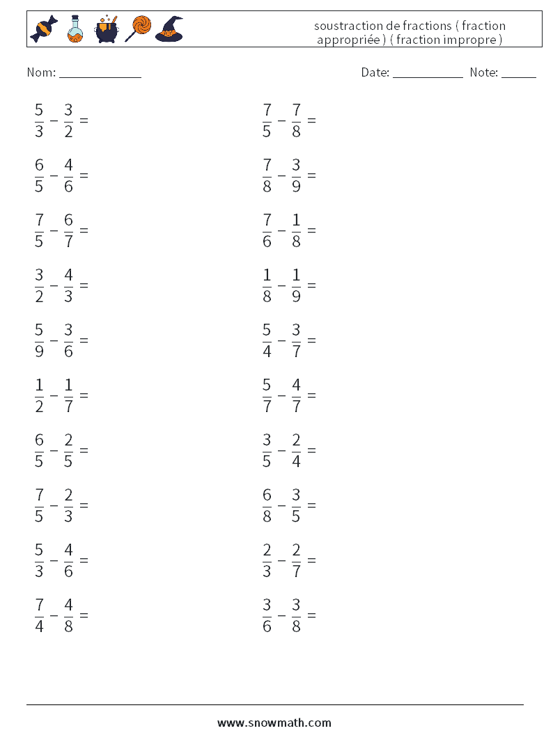 (20) soustraction de fractions ( fraction appropriée ) ( fraction impropre ) Fiches d'Exercices de Mathématiques 3