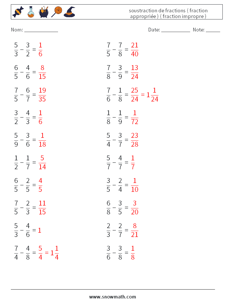 (20) soustraction de fractions ( fraction appropriée ) ( fraction impropre ) Fiches d'Exercices de Mathématiques 3 Question, Réponse