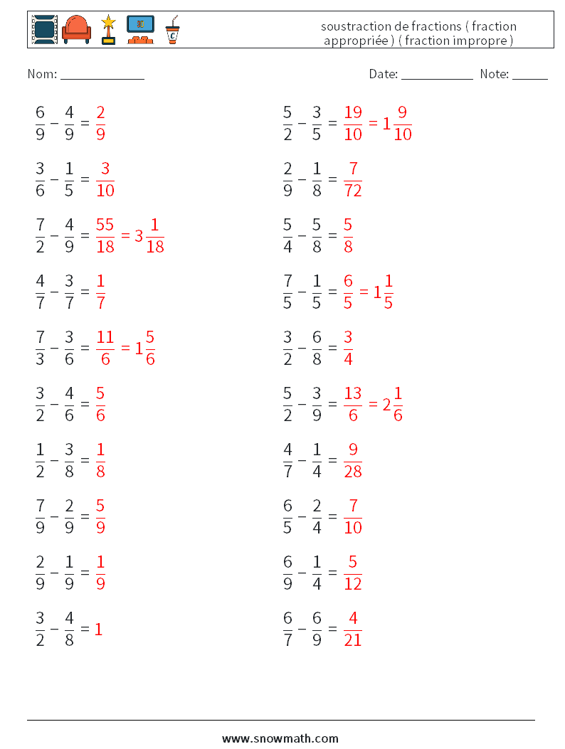 (20) soustraction de fractions ( fraction appropriée ) ( fraction impropre ) Fiches d'Exercices de Mathématiques 4 Question, Réponse