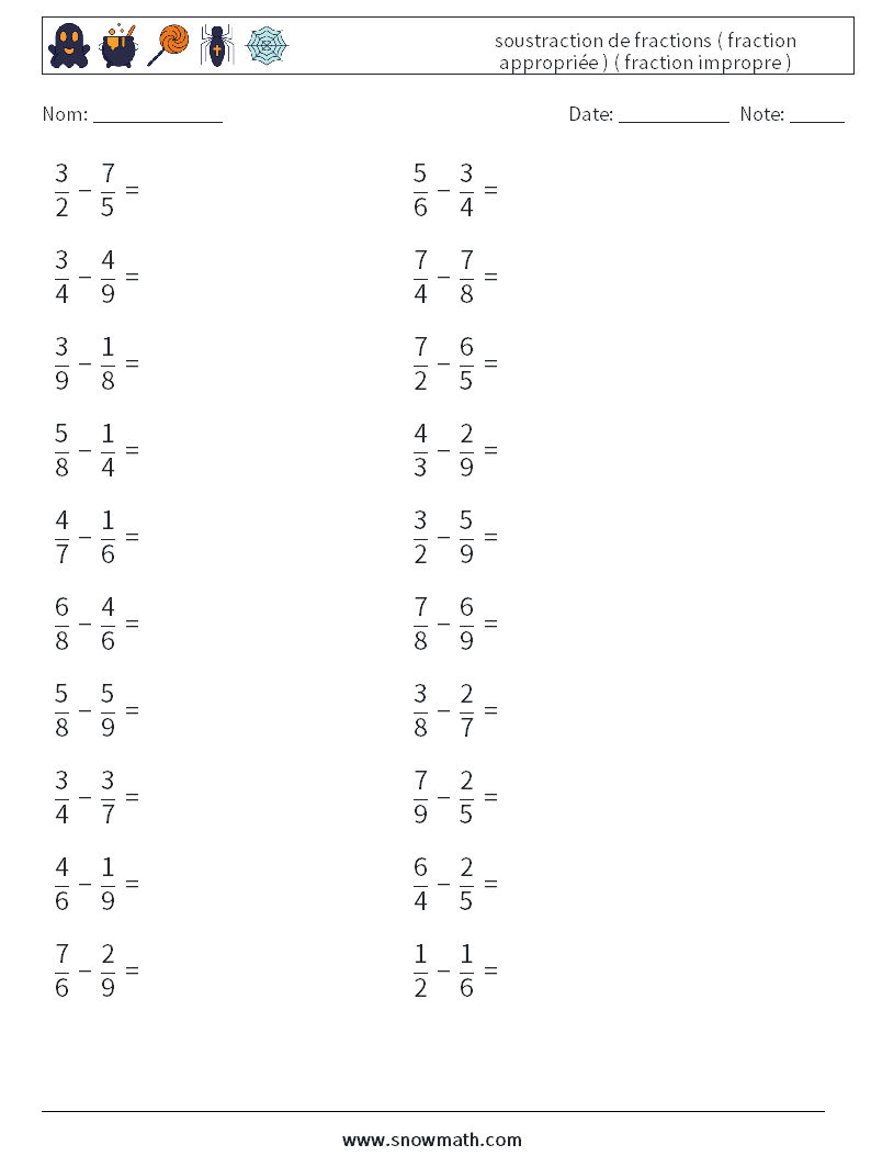 (20) soustraction de fractions ( fraction appropriée ) ( fraction impropre ) Fiches d'Exercices de Mathématiques 5