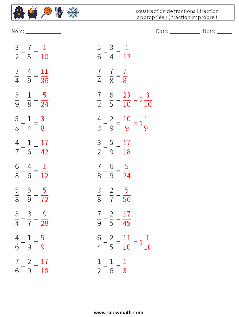 (20) soustraction de fractions ( fraction appropriée ) ( fraction impropre ) Fiches d'Exercices de Mathématiques 5 Question, Réponse