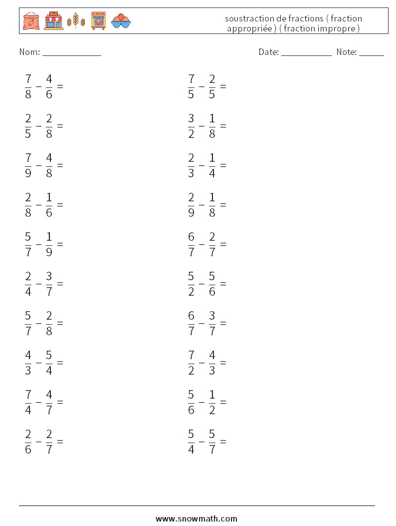 (20) soustraction de fractions ( fraction appropriée ) ( fraction impropre ) Fiches d'Exercices de Mathématiques 6