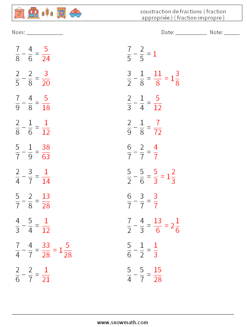 (20) soustraction de fractions ( fraction appropriée ) ( fraction impropre ) Fiches d'Exercices de Mathématiques 6 Question, Réponse