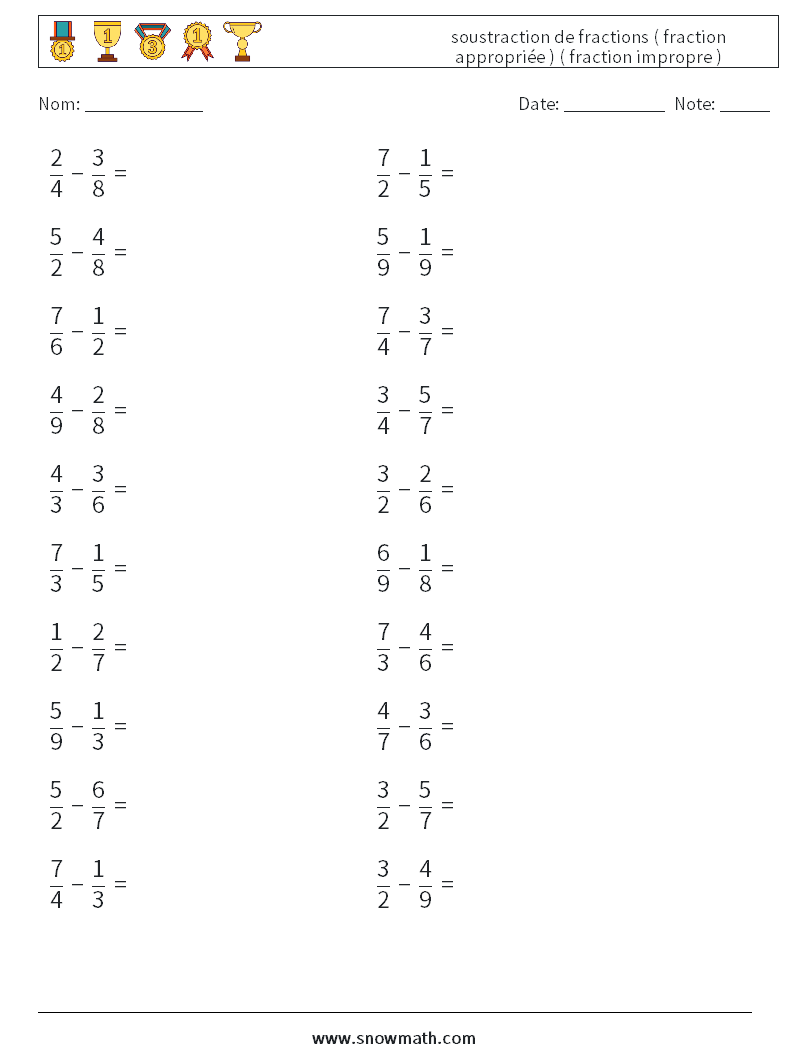 (20) soustraction de fractions ( fraction appropriée ) ( fraction impropre ) Fiches d'Exercices de Mathématiques 7