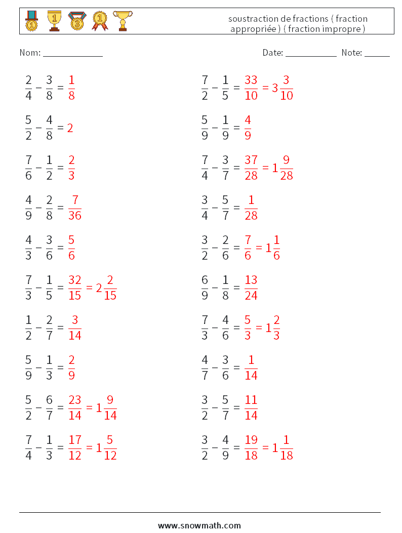 (20) soustraction de fractions ( fraction appropriée ) ( fraction impropre ) Fiches d'Exercices de Mathématiques 7 Question, Réponse