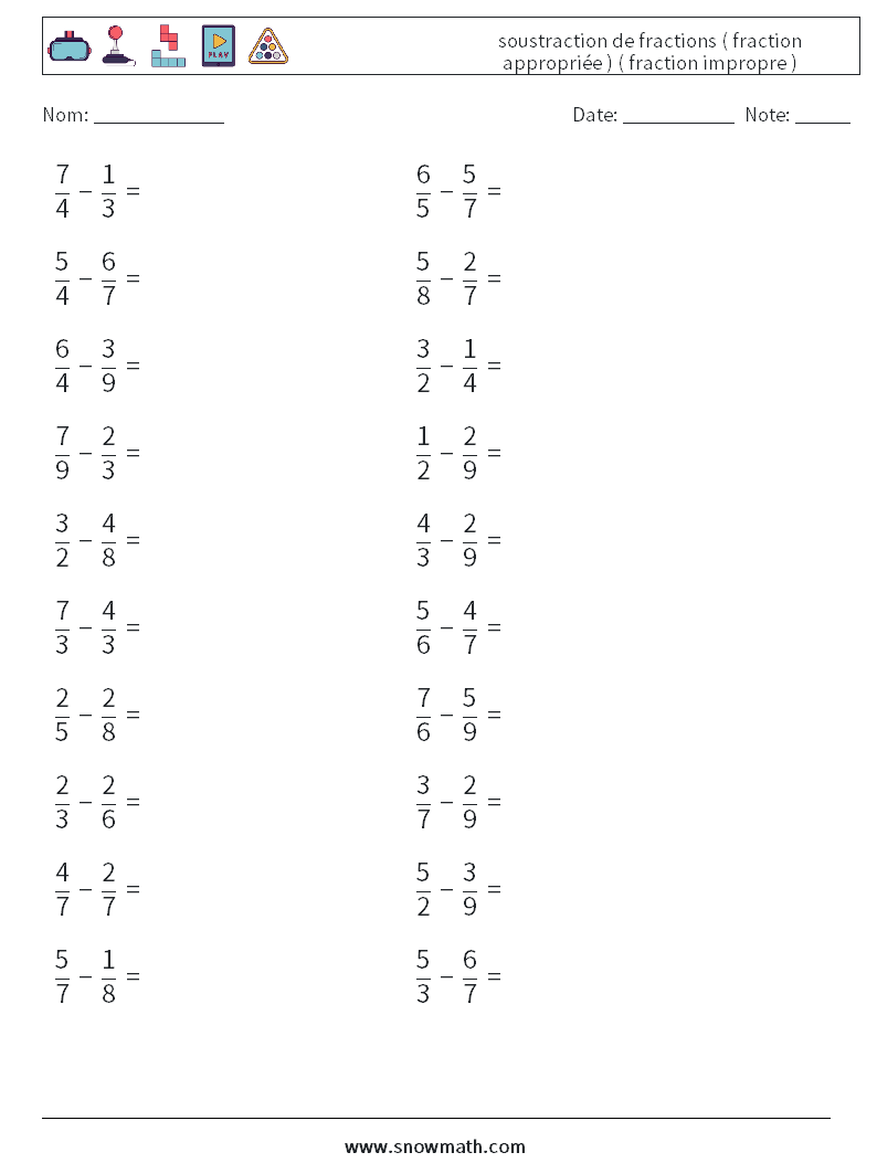 (20) soustraction de fractions ( fraction appropriée ) ( fraction impropre ) Fiches d'Exercices de Mathématiques 8
