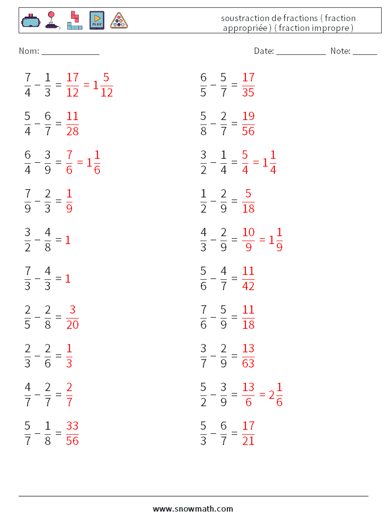 (20) soustraction de fractions ( fraction appropriée ) ( fraction impropre ) Fiches d'Exercices de Mathématiques 8 Question, Réponse