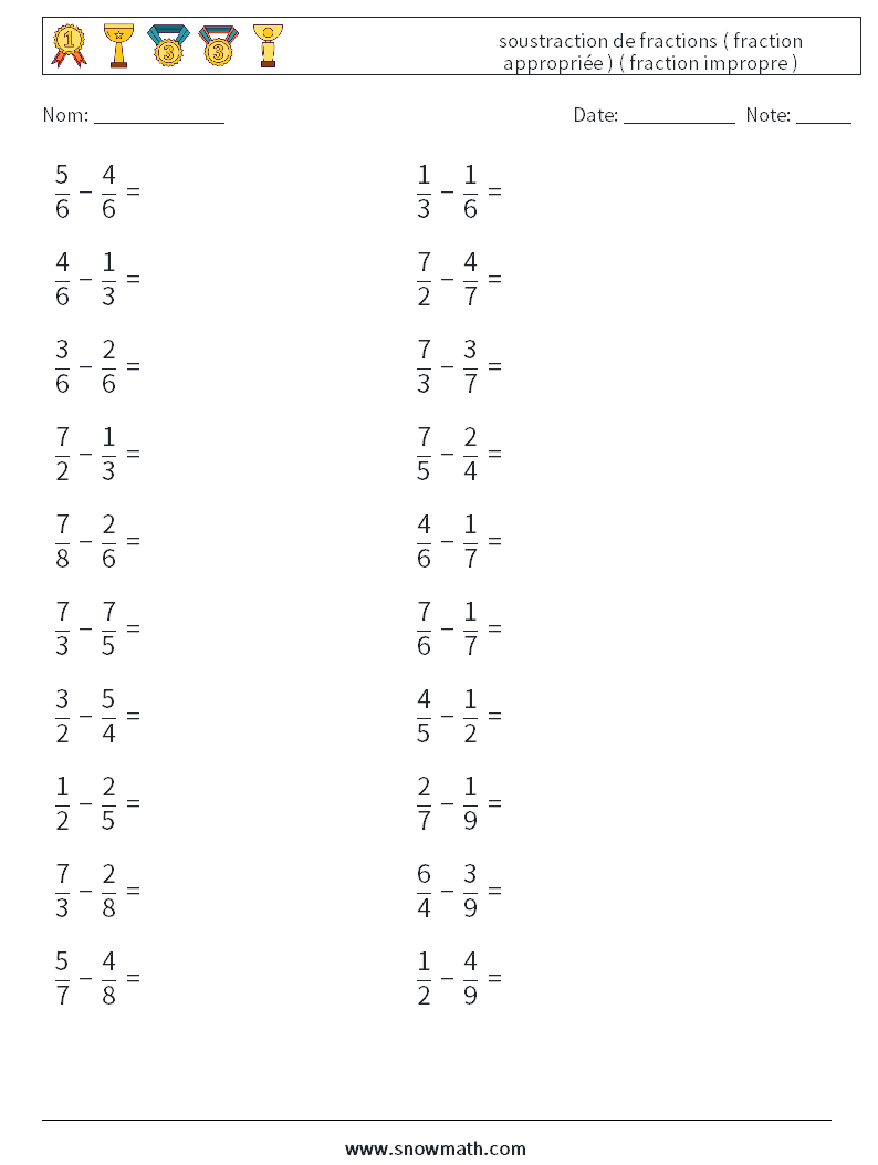 (20) soustraction de fractions ( fraction appropriée ) ( fraction impropre ) Fiches d'Exercices de Mathématiques 9