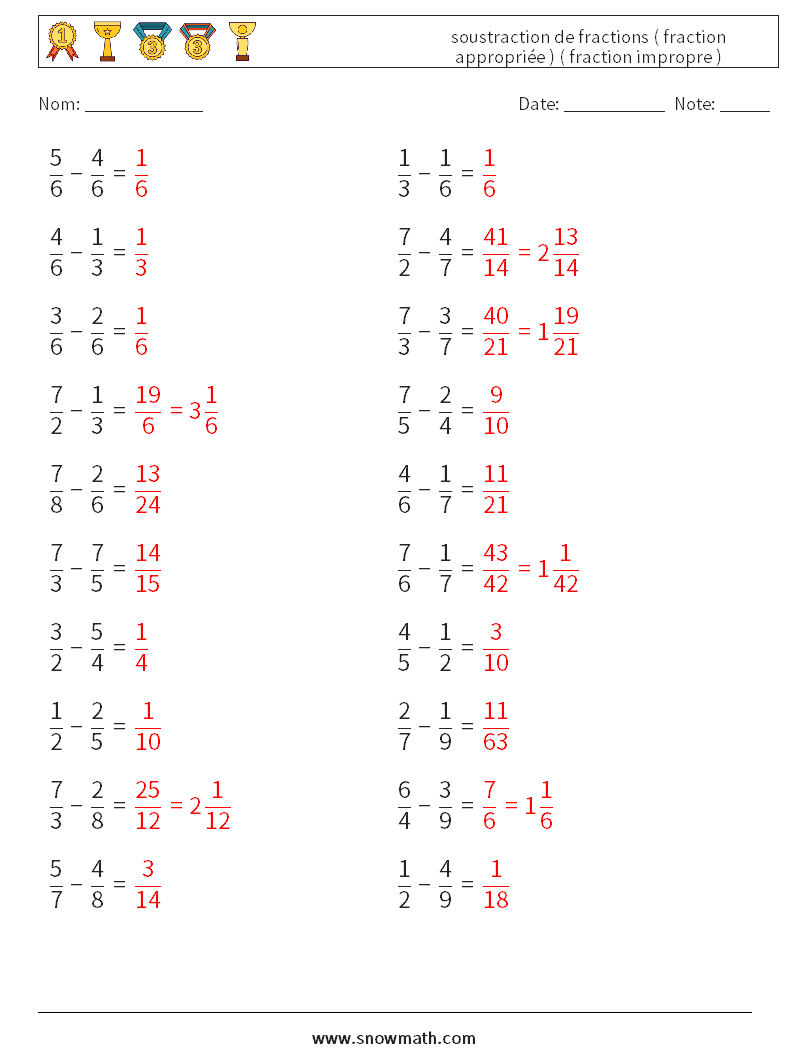 (20) soustraction de fractions ( fraction appropriée ) ( fraction impropre ) Fiches d'Exercices de Mathématiques 9 Question, Réponse