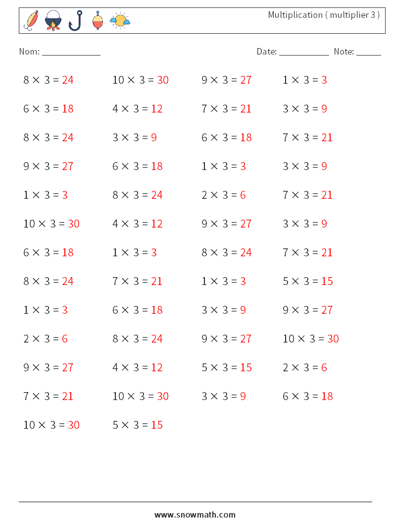 (50) Multiplication ( multiplier 3 ) Fiches d'Exercices de Mathématiques 2 Question, Réponse
