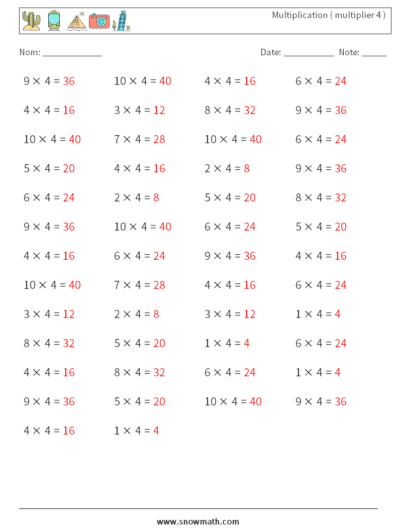 (50) Multiplication ( multiplier 4 ) Fiches d'Exercices de Mathématiques 1 Question, Réponse