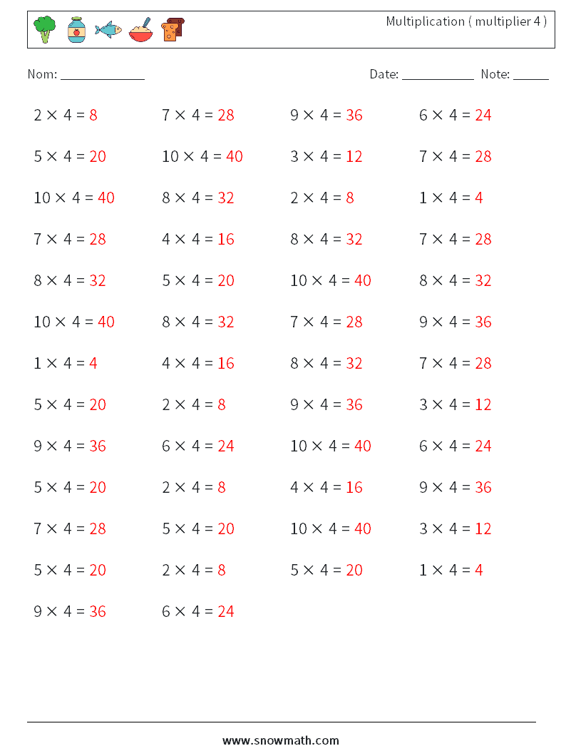 (50) Multiplication ( multiplier 4 ) Fiches d'Exercices de Mathématiques 3 Question, Réponse