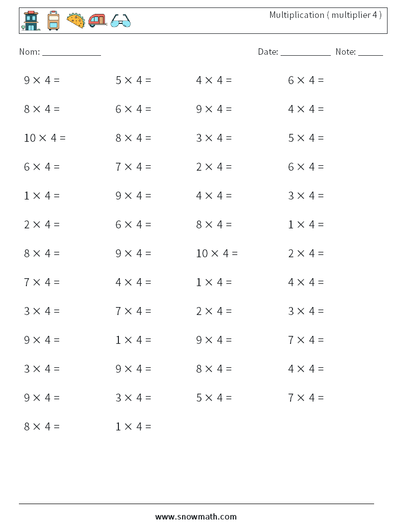 (50) Multiplication ( multiplier 4 ) Fiches d'Exercices de Mathématiques 4