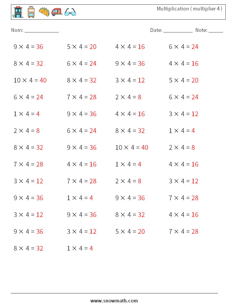 (50) Multiplication ( multiplier 4 ) Fiches d'Exercices de Mathématiques 4 Question, Réponse