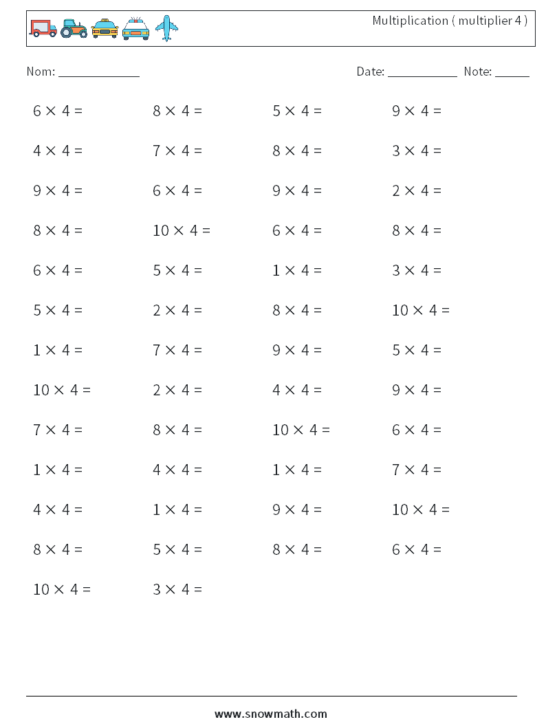 (50) Multiplication ( multiplier 4 ) Fiches d'Exercices de Mathématiques 5