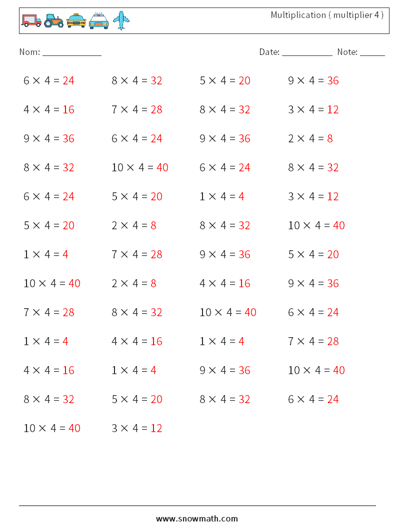 (50) Multiplication ( multiplier 4 ) Fiches d'Exercices de Mathématiques 5 Question, Réponse