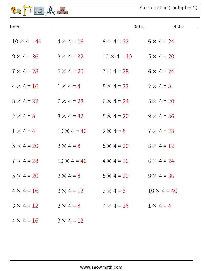 (50) Multiplication ( multiplier 4 ) Fiches d'Exercices de Mathématiques 6 Question, Réponse