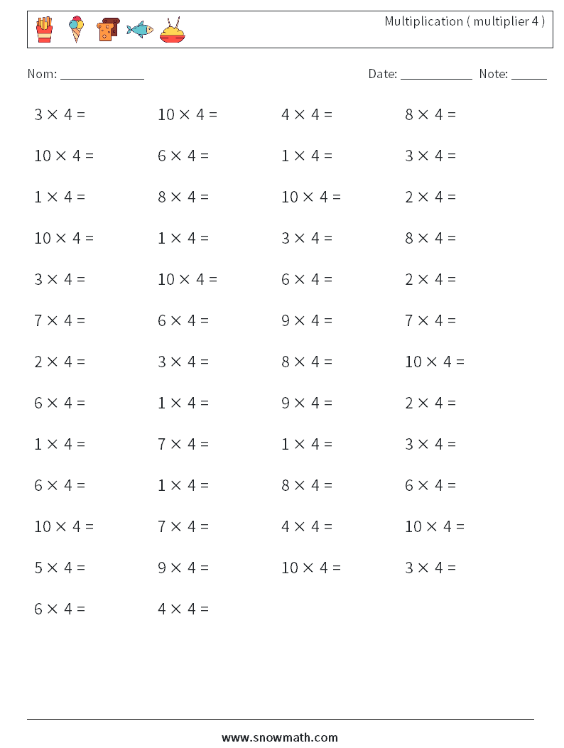 (50) Multiplication ( multiplier 4 ) Fiches d'Exercices de Mathématiques 7