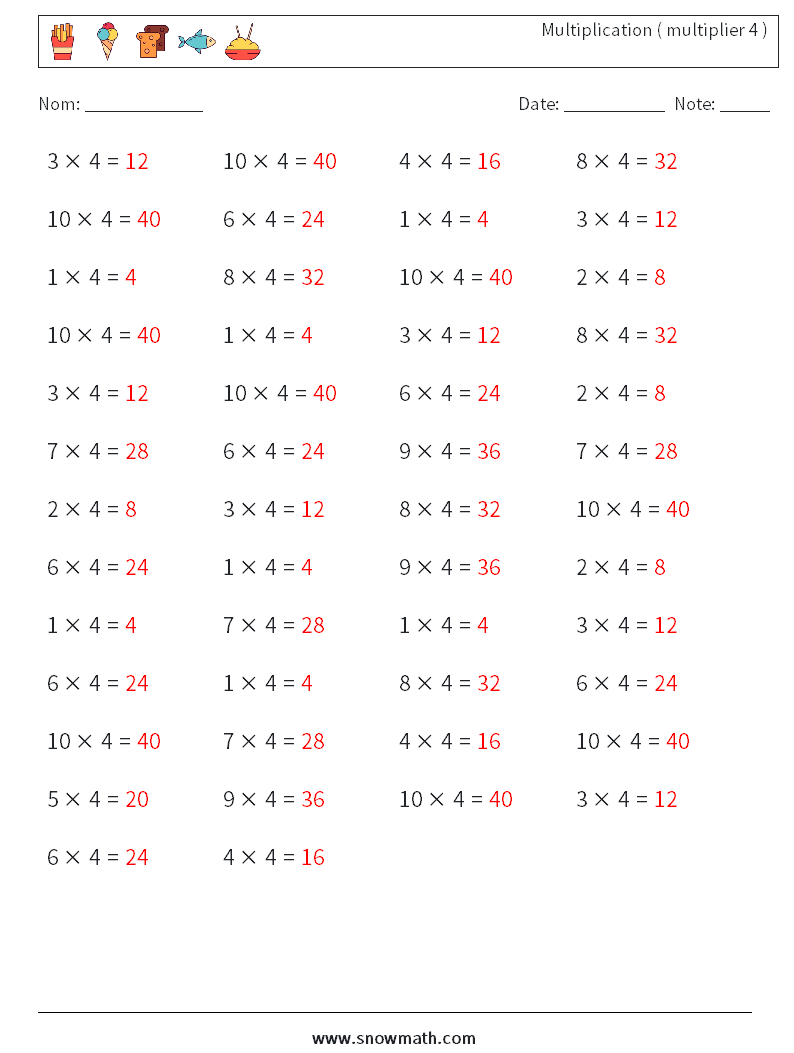 (50) Multiplication ( multiplier 4 ) Fiches d'Exercices de Mathématiques 7 Question, Réponse