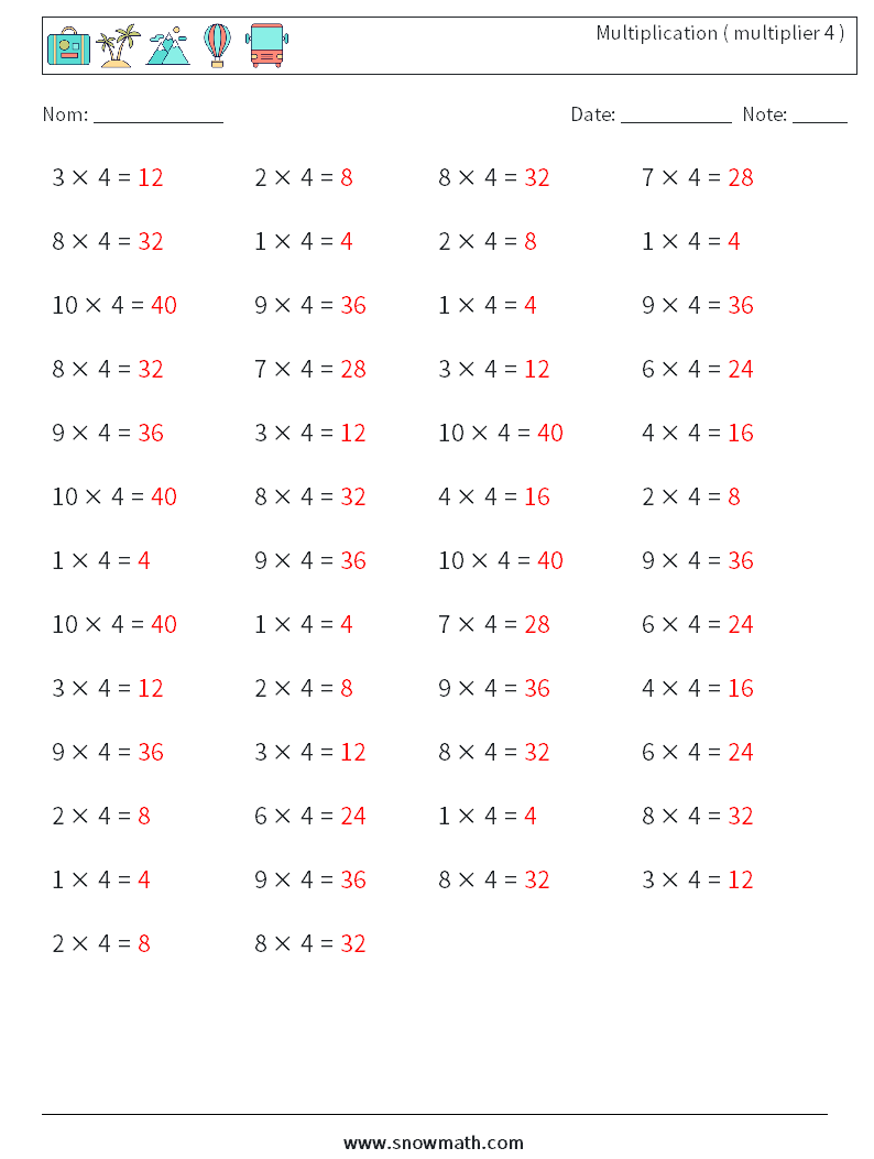 (50) Multiplication ( multiplier 4 ) Fiches d'Exercices de Mathématiques 8 Question, Réponse