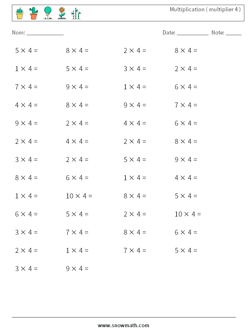 (50) Multiplication ( multiplier 4 ) Fiches d'Exercices de Mathématiques 9