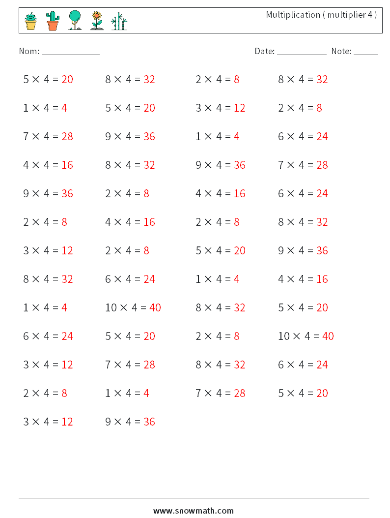 (50) Multiplication ( multiplier 4 ) Fiches d'Exercices de Mathématiques 9 Question, Réponse