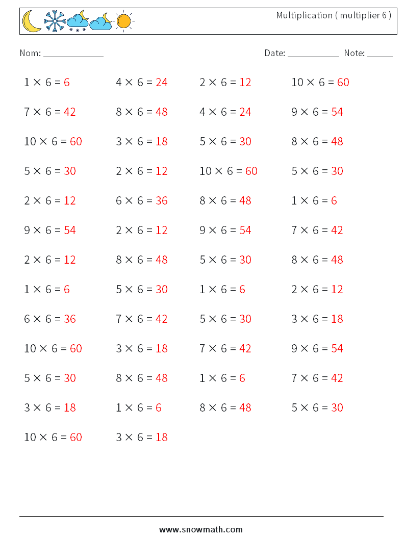 (50) Multiplication ( multiplier 6 ) Fiches d'Exercices de Mathématiques 1 Question, Réponse