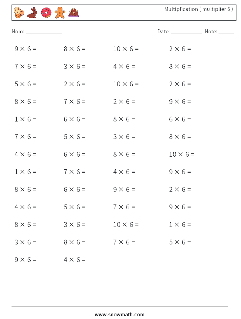 (50) Multiplication ( multiplier 6 ) Fiches d'Exercices de Mathématiques 2